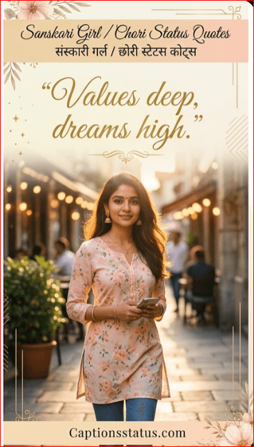 This image showing, Modern Indian girl in Indo-western outfit at a golden hour café street with quote “Values deep, dreams high” representing Sanskari Chori inspiration.