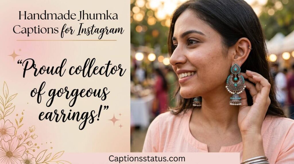 Close-up of Indian girl wearing handmade jhumka earrings with quote “Proud collector of gorgeous earrings.” celebrating artisan jewelry.