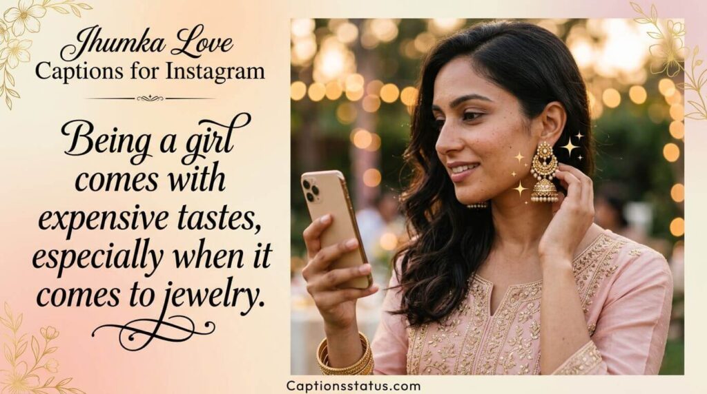 Close-up of Indian girl wearing traditional jhumka earrings with quote about love for jewelry and Instagram captions.
