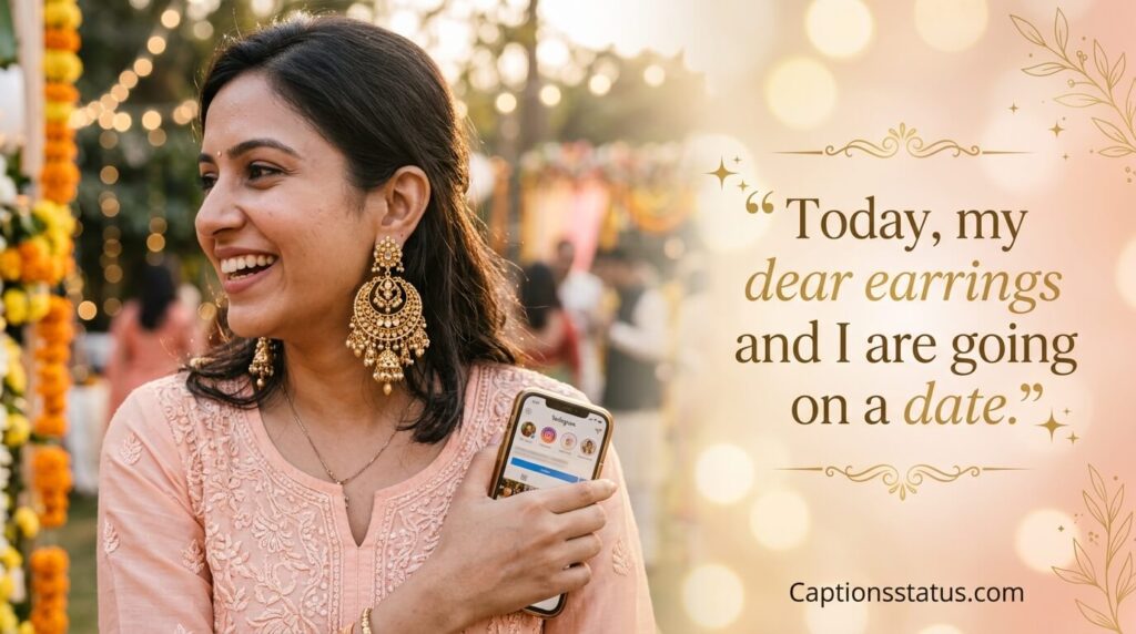 Close-up of Indian girl wearing traditional jhumka earrings with festive golden background and quote about earrings and style.