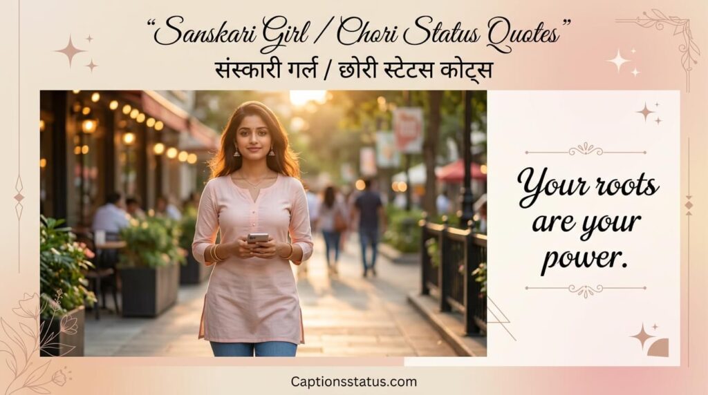 This image showing Modern Indian girl in Indo-western outfit at a golden hour café street with quote “Your roots are your power” representing Sanskari Chori inspiration.