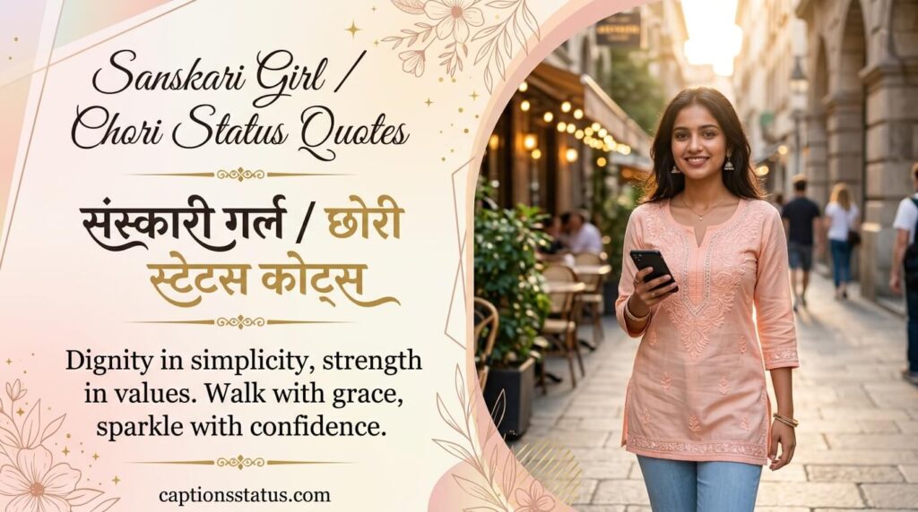Image showing the canva designed modren look, a grils in background and text on image "Sanskari Girl/ Chori Status Quotes" respesenting the topic.