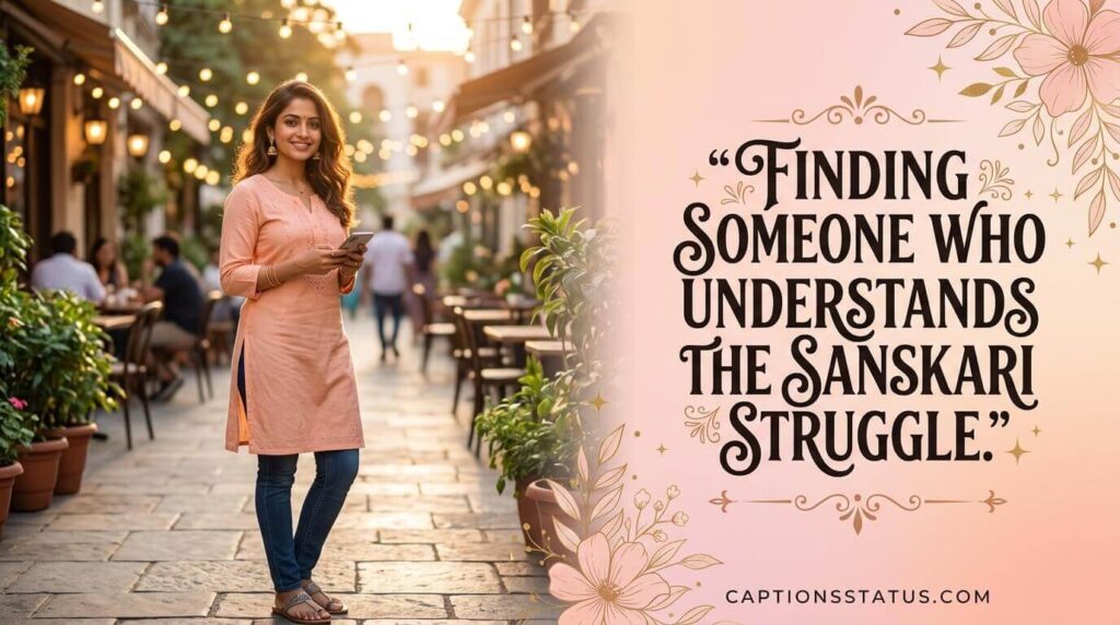 Modern Indian girl in Indo-western outfit on a golden hour café street with quote “Finding someone who understands the sanskari struggle” about relationships and cultural values.