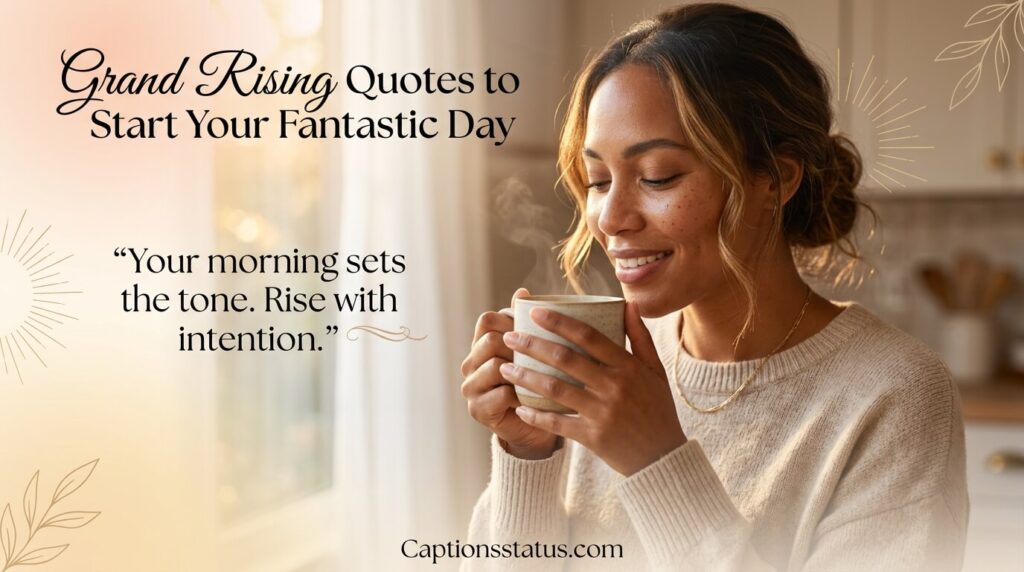 Peaceful face of a woman enjoying a cup of tea bathed in warm morning light, a glowing testament to Grand Rising quotes, urging us to start each day with intention
