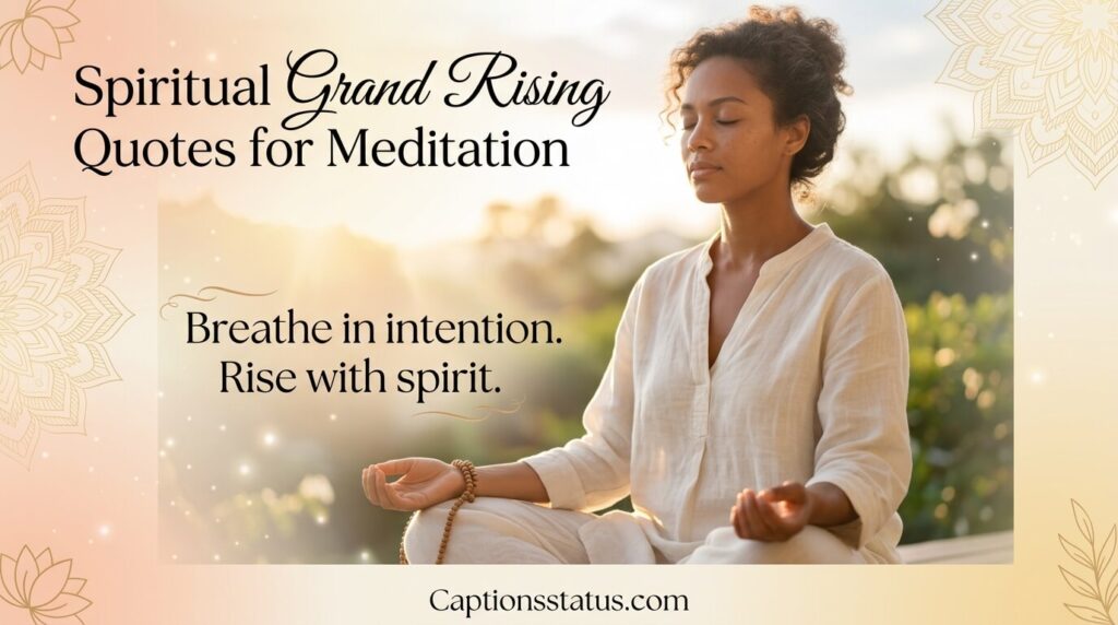 Golden light of early sunrise meditation, hands lightly placed, paired with the centered spirit of Grand Rising quotes, offering a Down-to-earth morning ritual
