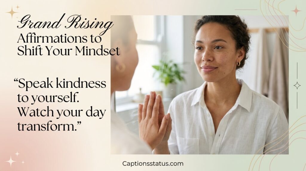 Woman looking at herself in the morning mirror with a gentle and warm smile, embodying the inviting spirit of Grand Rising affirmations for positive self-talk