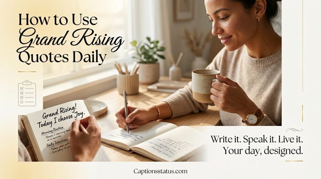 Open journal with a handwritten Grand Rising quote, warm cup of tea at the side, a simple demonstration of how purposeful and thoughtful words into the morning ritual