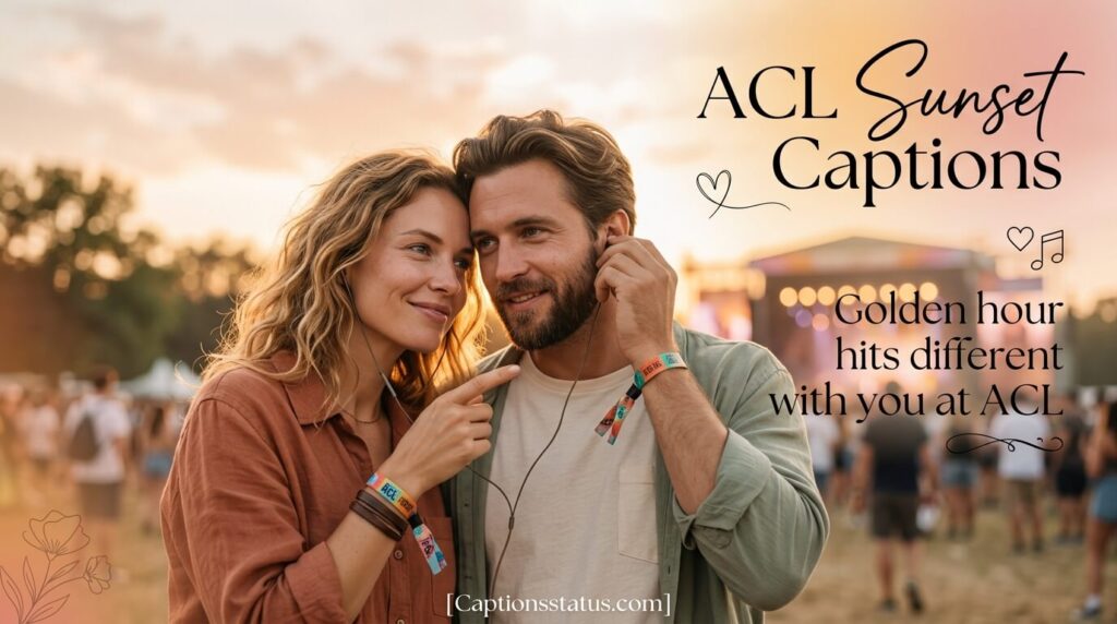 A ACL Festival couple sunset moment - young couple sharing ears and warming light golden hour festival intimacy.