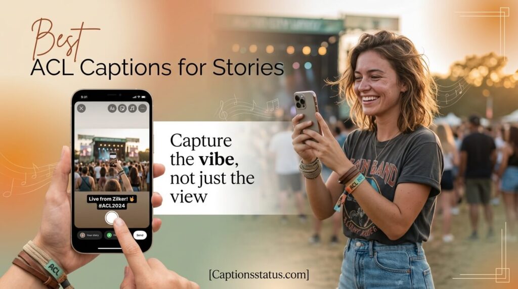 "Festival-Goer Sharing ACL Instagram Story at Zilker Park" - Young woman beaming, capturing an Austin City Limits festival moment for her Instagram Stories, screen facing us, phone staged to capture the golden hour ACL festival vibe, scene backdrop and spontaneous vibe.