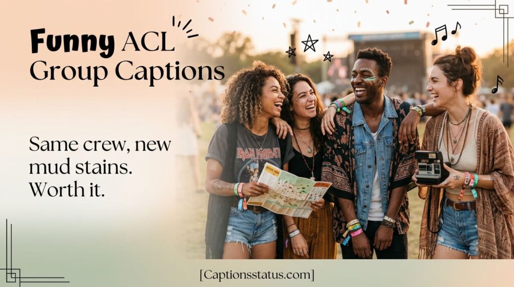 “Diverse Friends Laughing at Austin City Limits Festival” – Captured golden hour moments of true friendship and festival spirit as a group of festival-goers with face paint and colorful outfits celebrate ACL festival at Zilker Park.