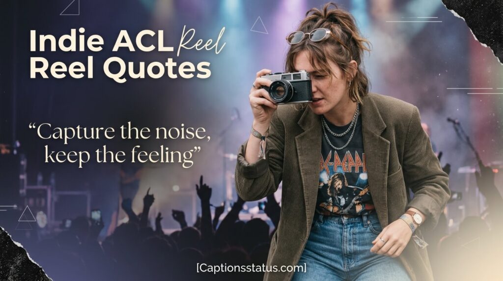 “Indie Festival-Goer with Vintage Camera at ACL Rock Set” – A unique festival goer, with a creatively pieced together thrifted outfit, captures the indie rock performance using a vintage film camera. This photo is a dynamic mid-action shot with moody stage lighting and a blurred audience.