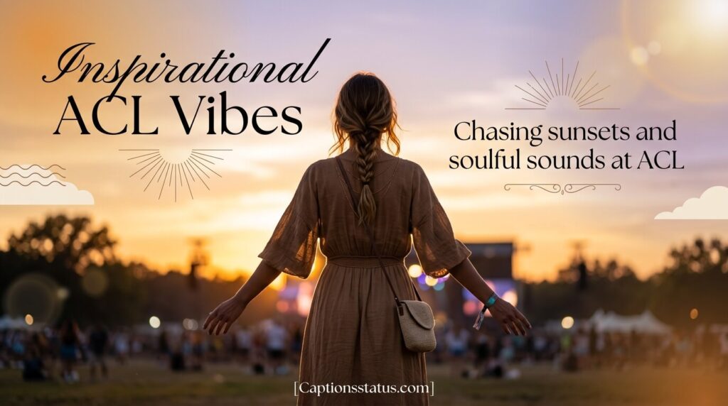 "Solo Festival-Goer Watching Sunset at Austin City Limits" - ACL festival, Austin, TX - Festival attendee in a sunshiny bohemian outfit, standing relaxed with arms facing the Zilker Park vertical festival stage, against the sunset backdrop of a lavender and amber sunset, festival mindfulness, silhouette.
