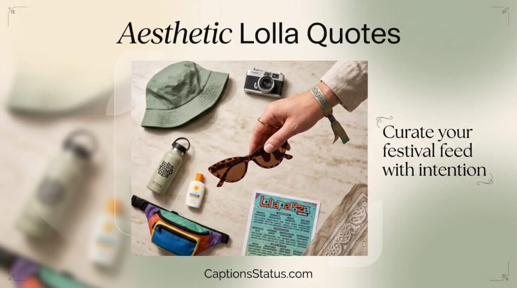 Aesthetic flat lay of Lollapalooza festival items arranged on neutral background, overhead view, for Instagram grid caption inspiration