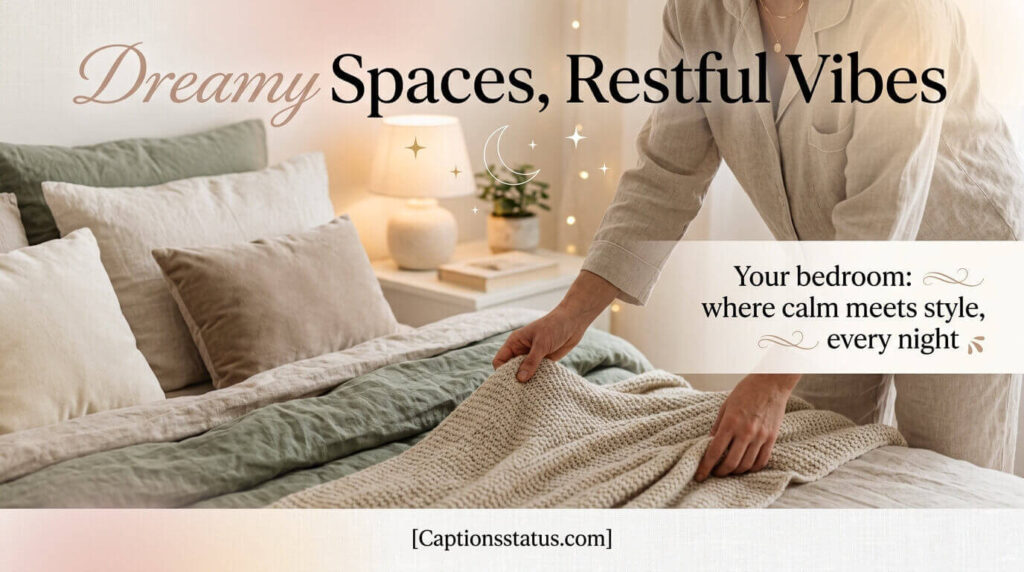 Bedroom Decor Captions for Dreamy Space Inspiration - styled bed with layered linen bedding, soft blush and sage tones, ambient string lights creating serene restful retreat atmosphere