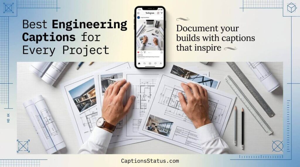 Flat lay of engineering blueprints, project photos, and smartphone with Instagram - Best Engineering Instagram Captions for Every Project
