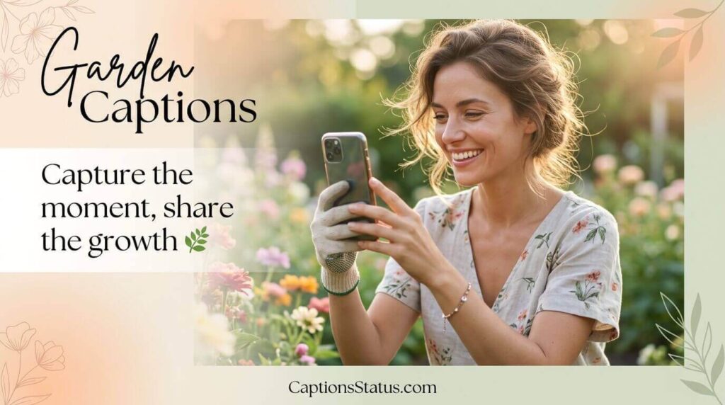 Person taking Instagram photo in colorful garden with smartphone for best garden captions post