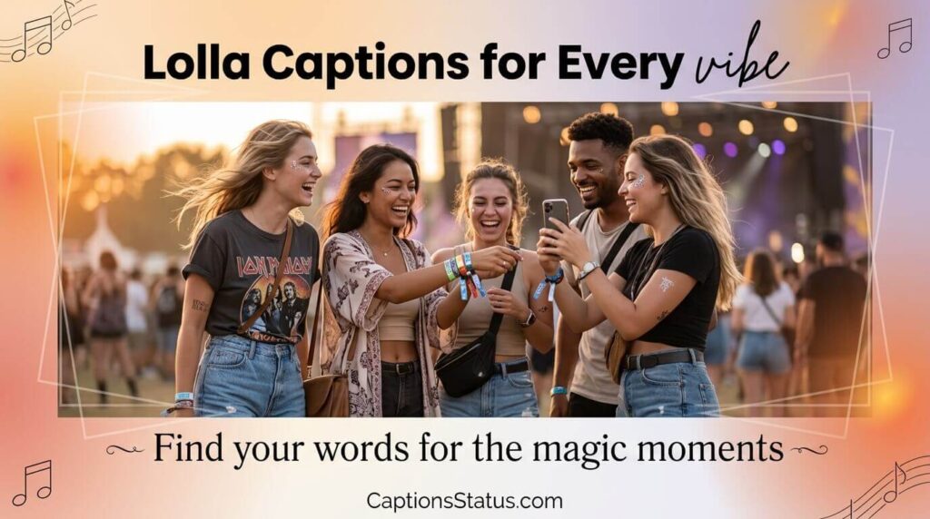 Group of diverse friends laughing at Lollapalooza festival with wristbands visible, golden hour lighting, for Instagram caption inspiration