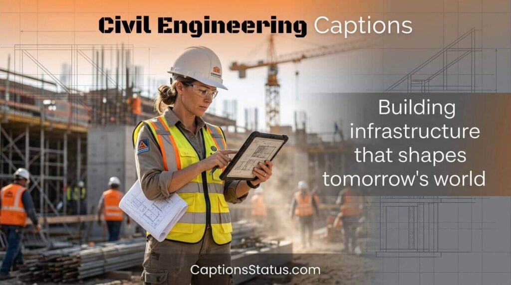 Civil engineer with hard hat and tablet at active construction site - Civil Engineering Captions for Construction Posts