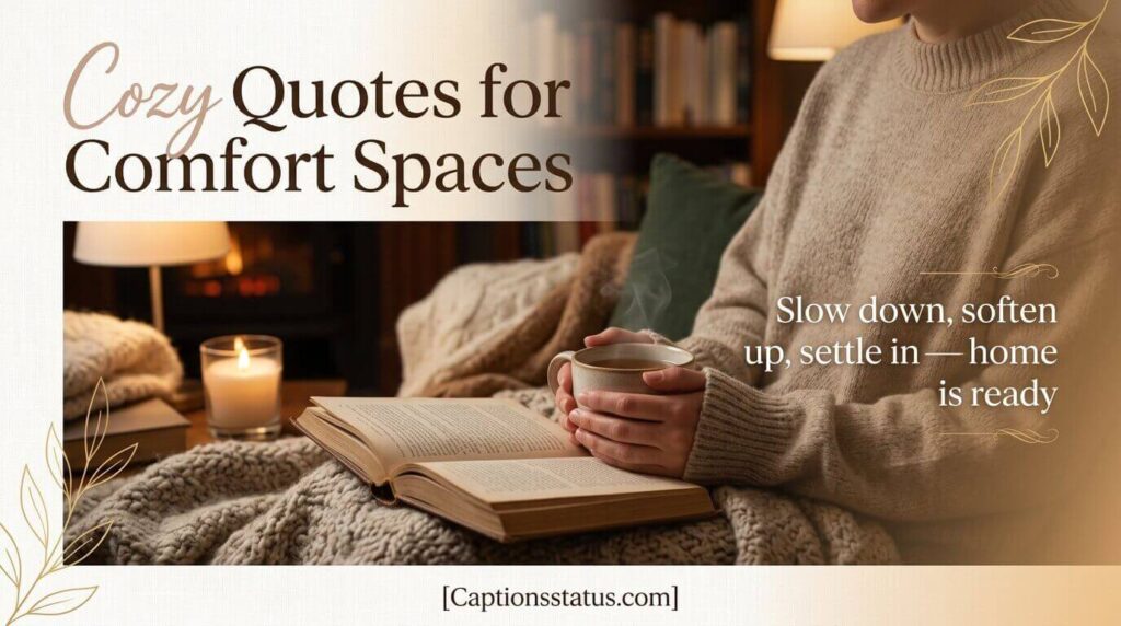 Cozy Home Quotes for Hygge Vibes & Comfort Spaces - inviting reading nook with soft textured throw blanket, steaming mug, open book, and warm candlelight creating peaceful hygge atmosphere