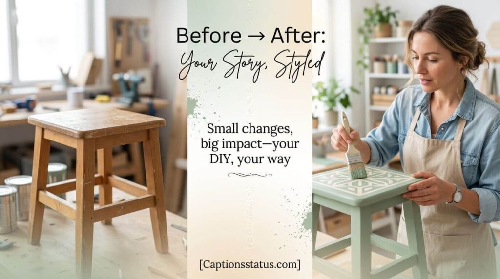 DIY Home Decor Captions for Before & After Posts - split composition showing DIY transformation with hands holding paintbrush mid-action, bright workshop setting with creative energy