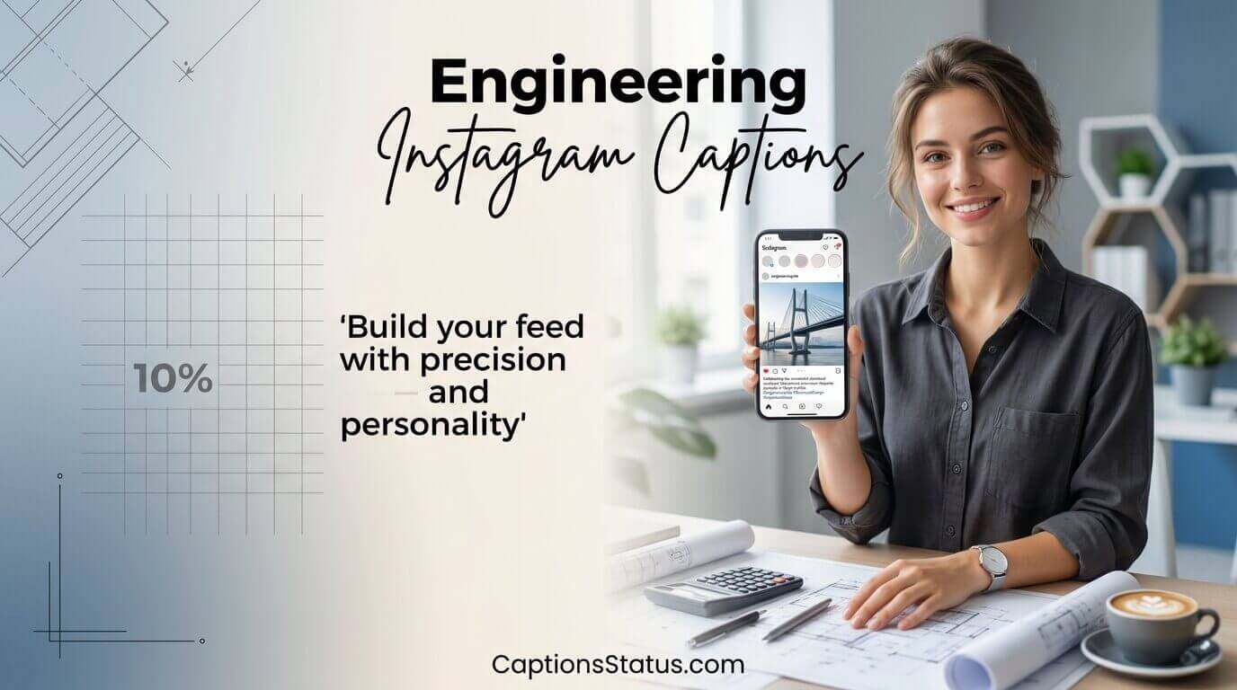 Young engineer creating Instagram captions at modern workspace with smartphone, blueprints, and coffee - Engineering Instagram Captions guide