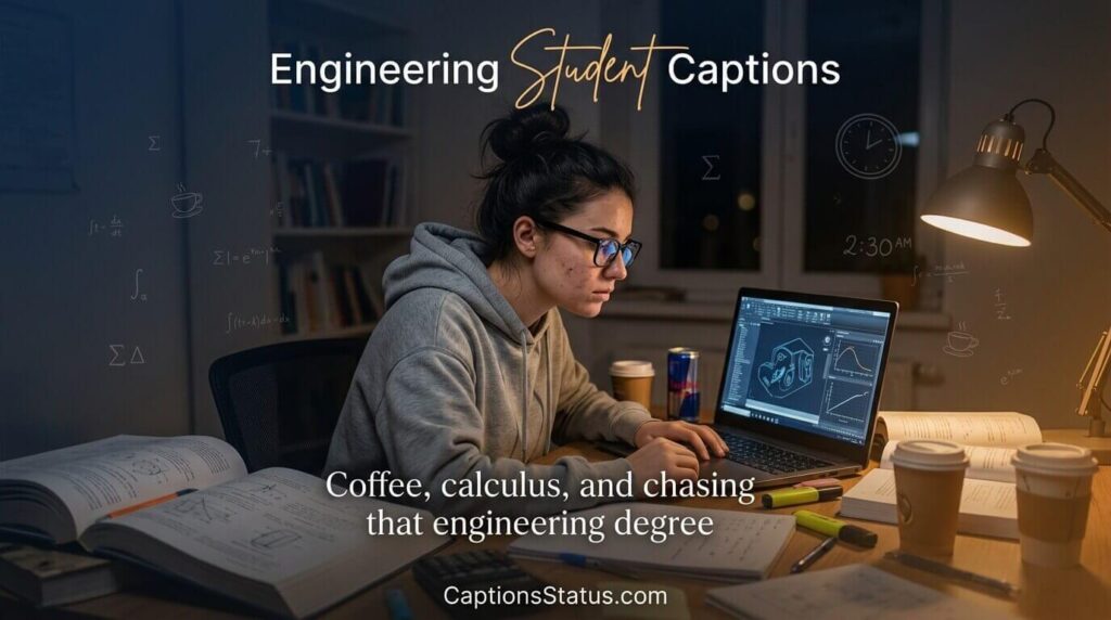 Tired engineering student studying late night with coffee and textbooks - Engineering Student Captions for Late Night Study Sessions
