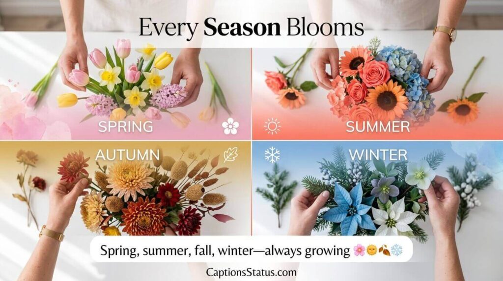 Overhead view of four seasonal flower arrangements in quadrants for flower garden captions every season