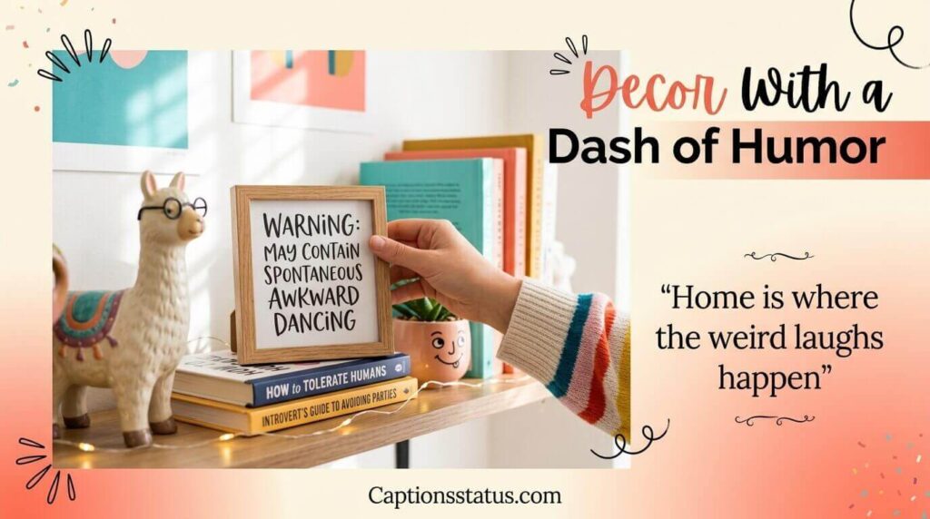 Funny Home Decor Captions That Show Your Personality - quirky shelf vignette with humorous decor objects and playful signs, bright cheerful lighting with pops of mustard and teal colors