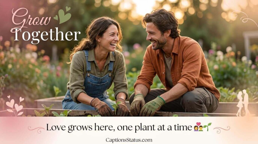 Couple or friends gardening together sharing happy moment for garden captions couples friends