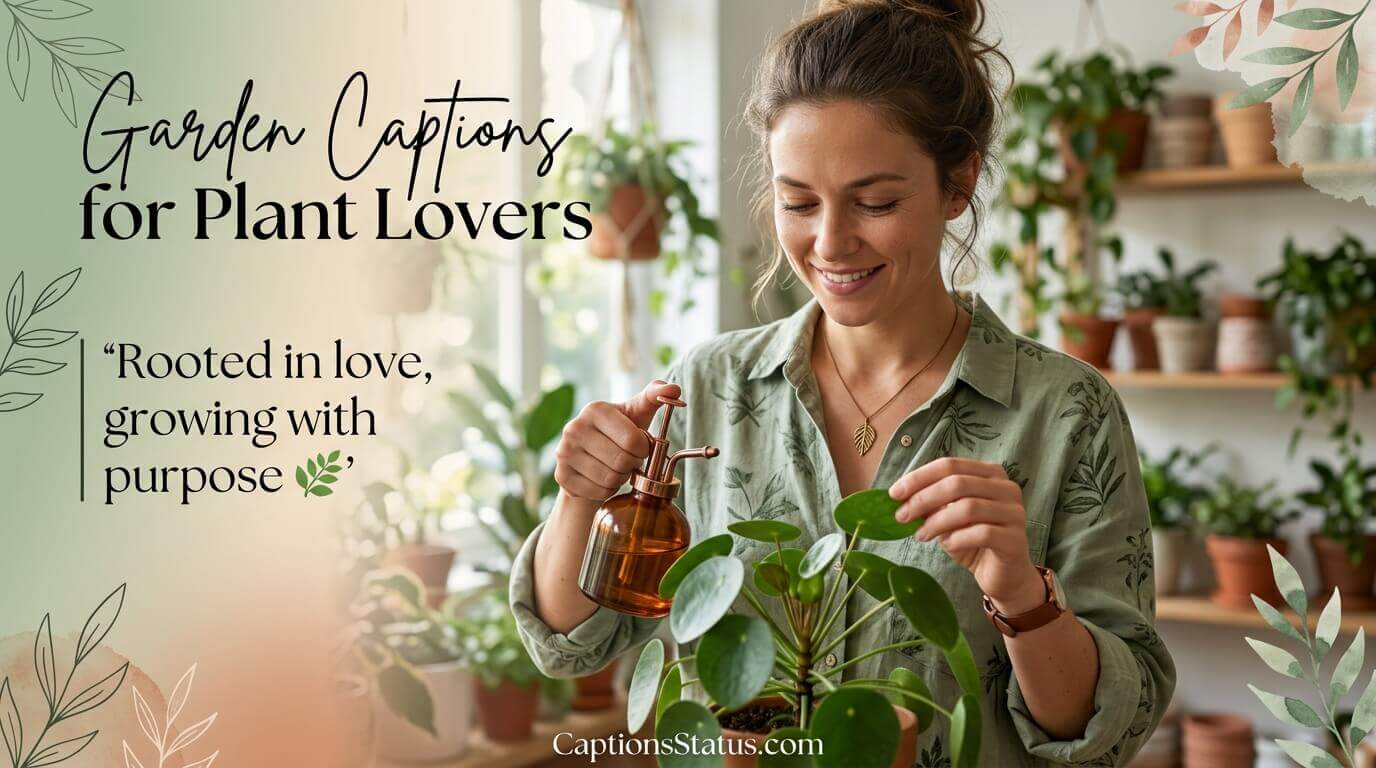 Plant lover gently caring for houseplant in sunlit indoor garden for garden captions plant lovers featured image