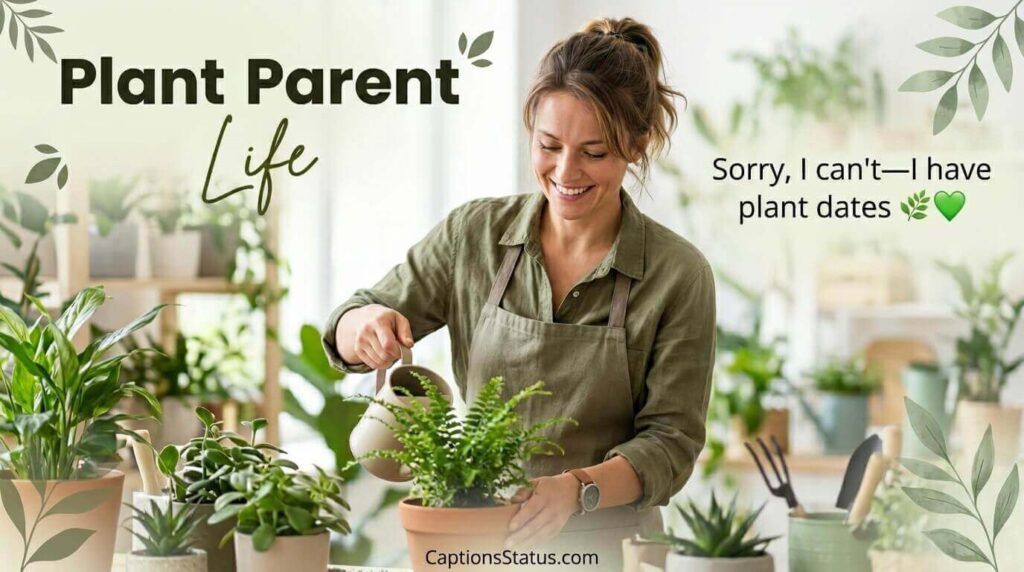 Plant lover surrounded by houseplants and gardening tools for garden life captions plant parents