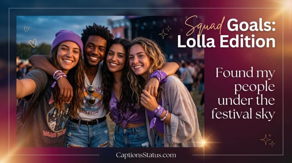 Diverse friend group posing for selfie at Lollapalooza with arms linked, sunset lighting, for squad Instagram caption ideas