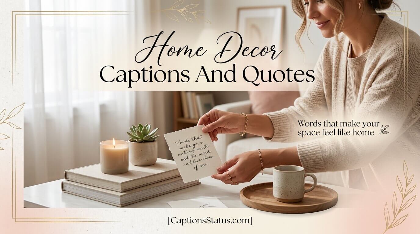 Home Decor Captions And Quotes - styled coffee table with handwritten quote card, warm natural lighting, and curated decor objects including books, candle, and plant for Instagram inspiration
