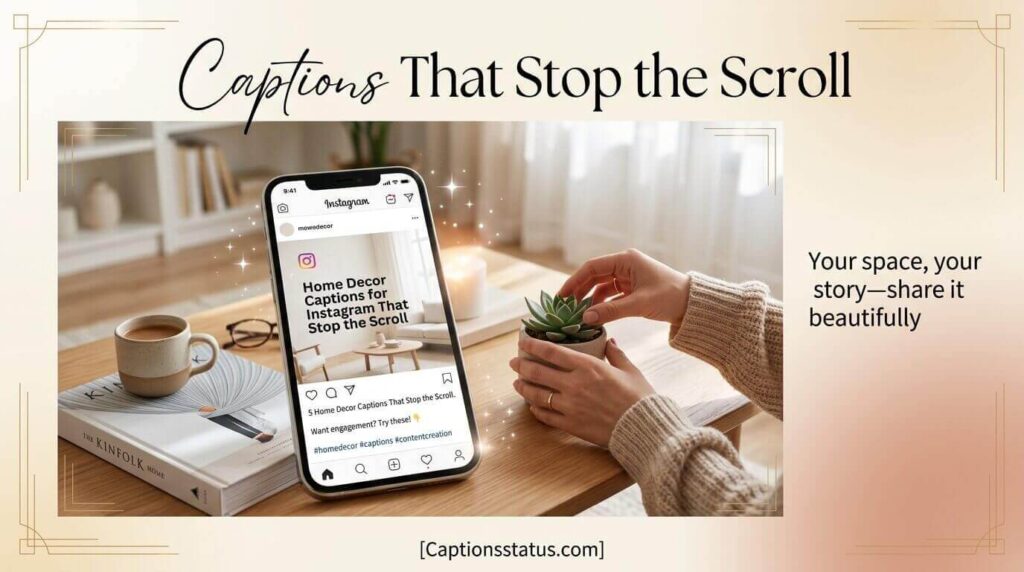 ome Decor Captions for Instagram That Stop the Scroll - overhead view of phone displaying Instagram post on styled coffee table with hands arranging small plant, soft natural window light