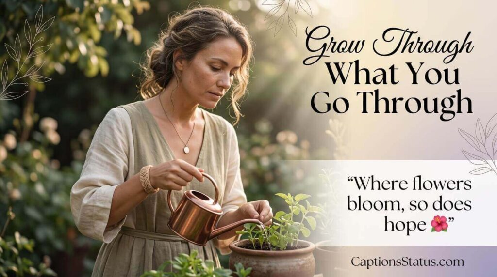 Person peacefully tending plants in soft morning light for inspirational garden quotes and captions