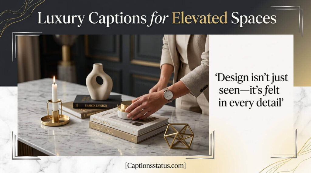 Luxury Home Decor Captions for High-End Interiors - elegant marble surface with curated gold-accented luxury objects, sophisticated charcoal and cream palette, refined styling details
