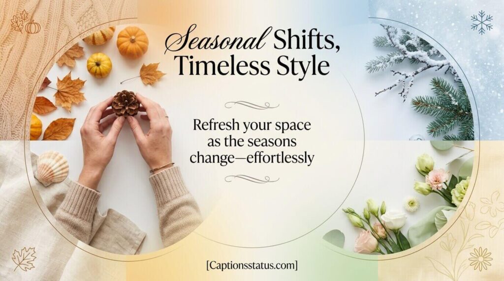 Seasonal Home Decor Quotes: Fall, Winter, Spring, Summer - four-quadrant flat lay displaying seasonal decor rotation with autumn pinecones, winter blues, spring flowers, and summer shells