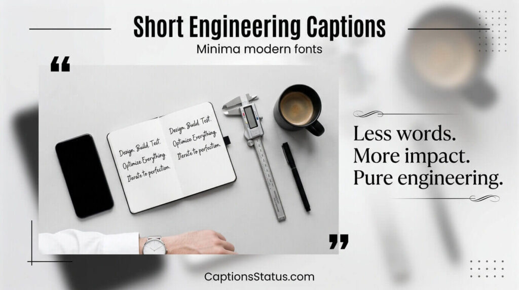 Minimalist flat lay of engineering tools and notebook with short captions - Short Engineering Captions That Pack a Punch