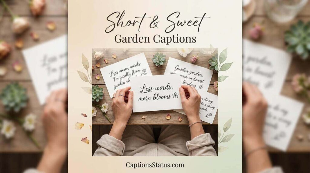 Flat lay overhead view of handwritten garden caption cards with succulents and flowers for short sweet posts