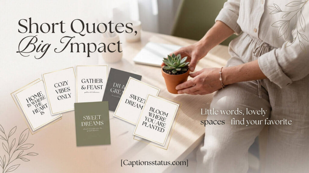 Short & Sweet Home Decor Quotes for Every Room - flat lay of room-themed quote cards with elegant typography arranged on wooden desk, hands placing succulent, minimalist neutral styling