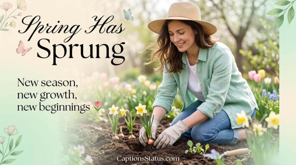 Person planting spring bulbs in fresh garden soil for spring garden captions new growth celebration
