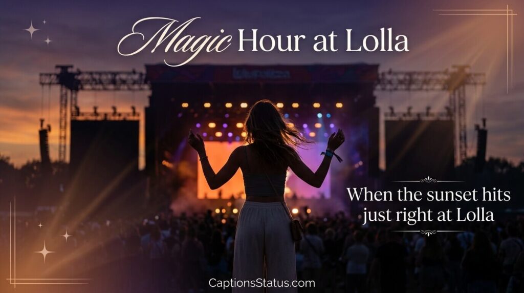 Person silhouetted against Lollapalooza stage at sunset, arms raised, dramatic sky, for magical festival Instagram captions