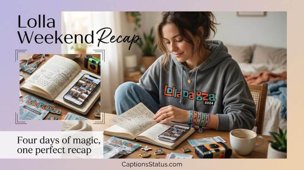 Person reflecting on Lollapalooza memories with phone photos and wristbands, soft window light, for weekend recap Instagram captions