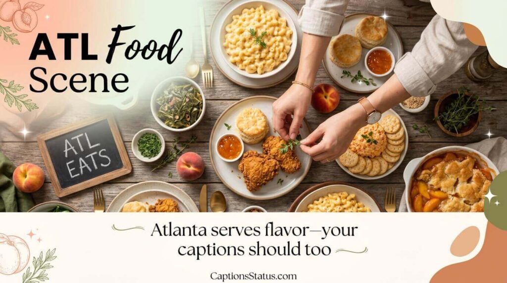 Instagramable Atlanta food scene flat lay with captions and food