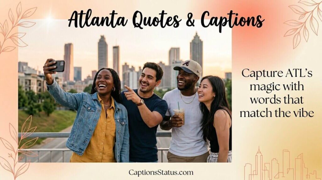 Few friends enjoying Atlanta skyline during golden hour for Instagram. Text written on image "Atlanta Quotes and Captions".