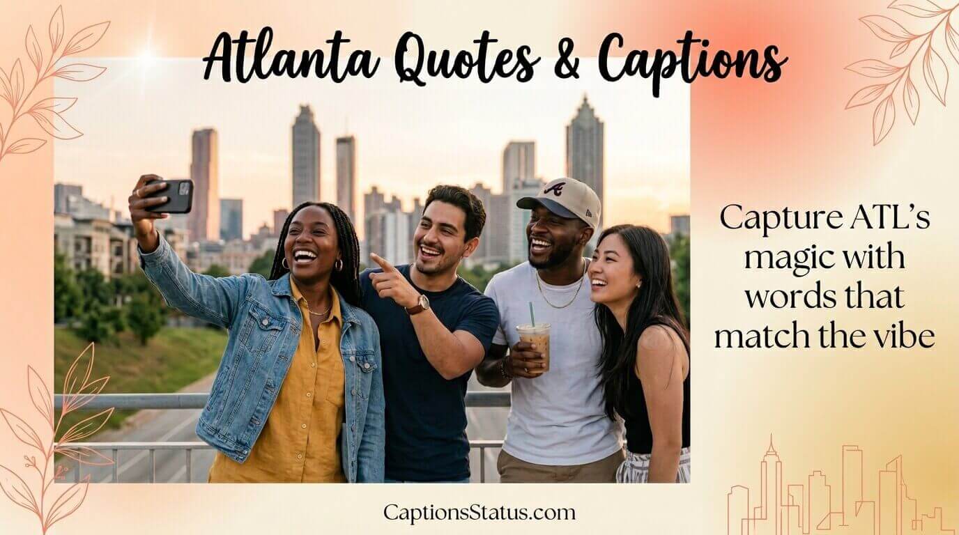 Few friends enjoying Atlanta skyline during golden hour for Instagram. Text written on image "Atlanta Quotes and Captions".
