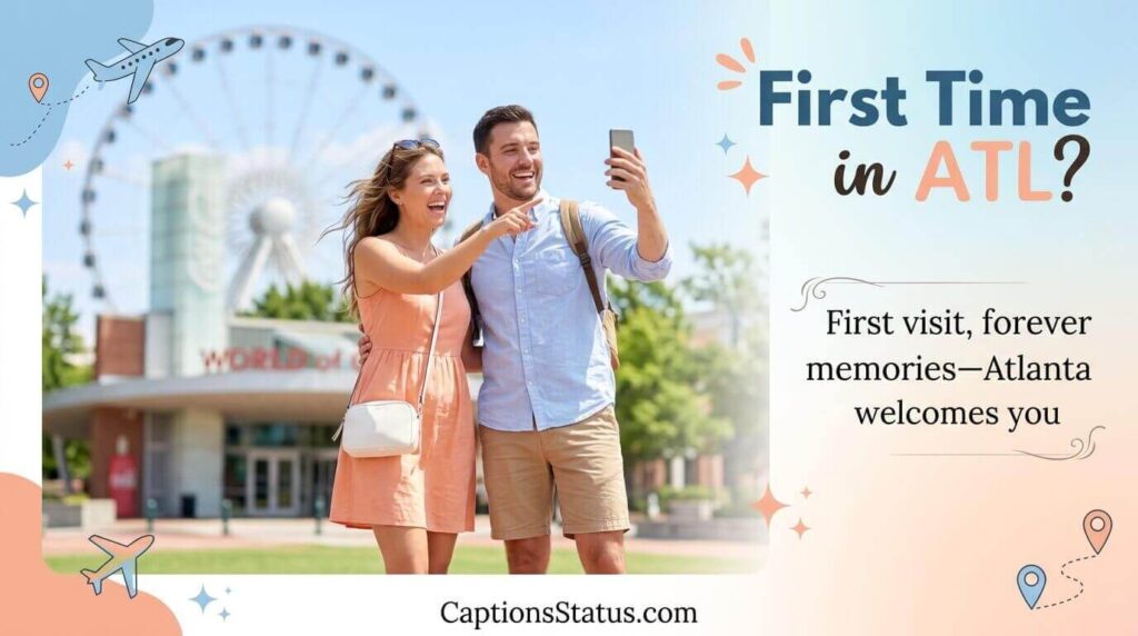 Happy tourists with travel caption suggestions at Atlanta points of interest