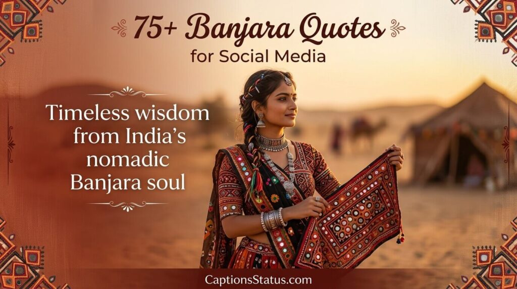 Featured image showing Banjara community woman in authentic traditional attire with mirror-work embroidery holding handcrafted textile for 75+ Banjara quotes social media collection