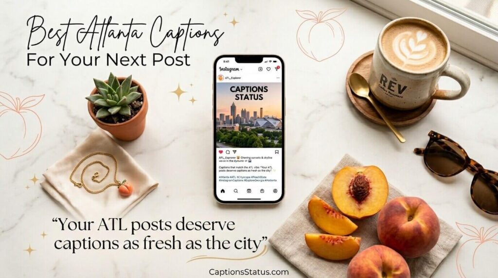 Best Atlanta Instagram captions, flat lay with phone and peach aesthetic