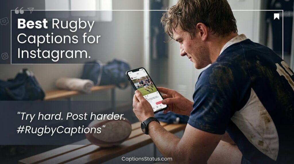 Rugby player scrolling Instagram Rugby player post-match, with a visible muddy jersey and a phone screen in a locker room background- Best Rugby Captions for Instagram posts